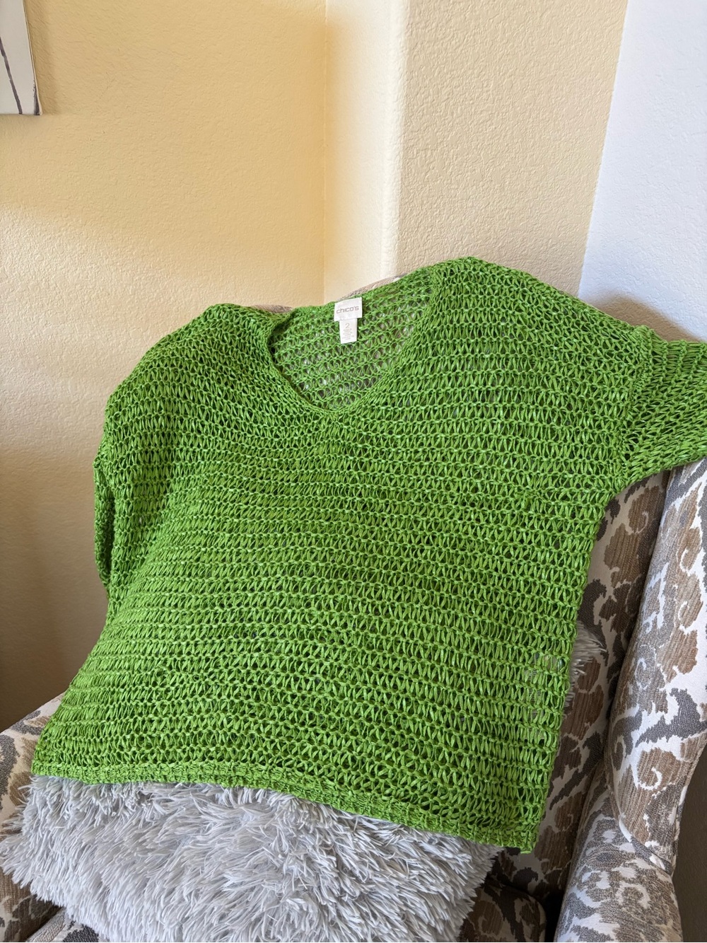 Chico's Bright Green Open-Weave V-Neck Sweater